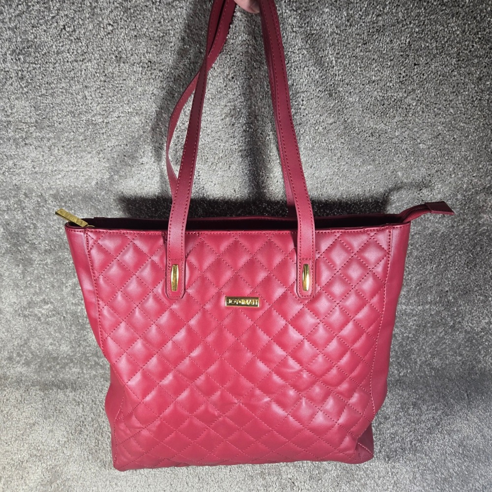 Joy & Iman Tote Bag Red Quilted Diamond Stitch Gold Hardware Women Large
